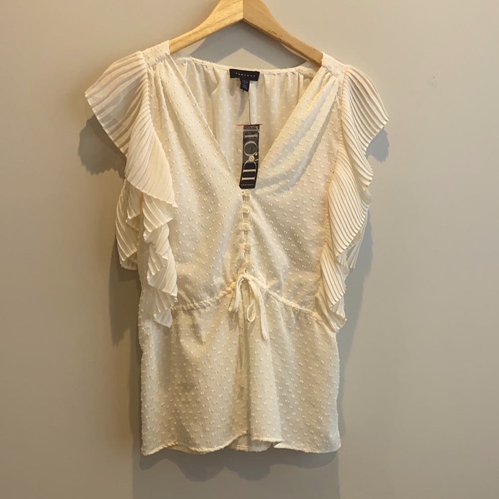 Topshop IDOL TOP Cream chiffon dot w/cold shoulder